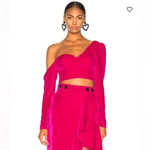 Self-Portrait Pink Velvet One-Shoulder Crop Top